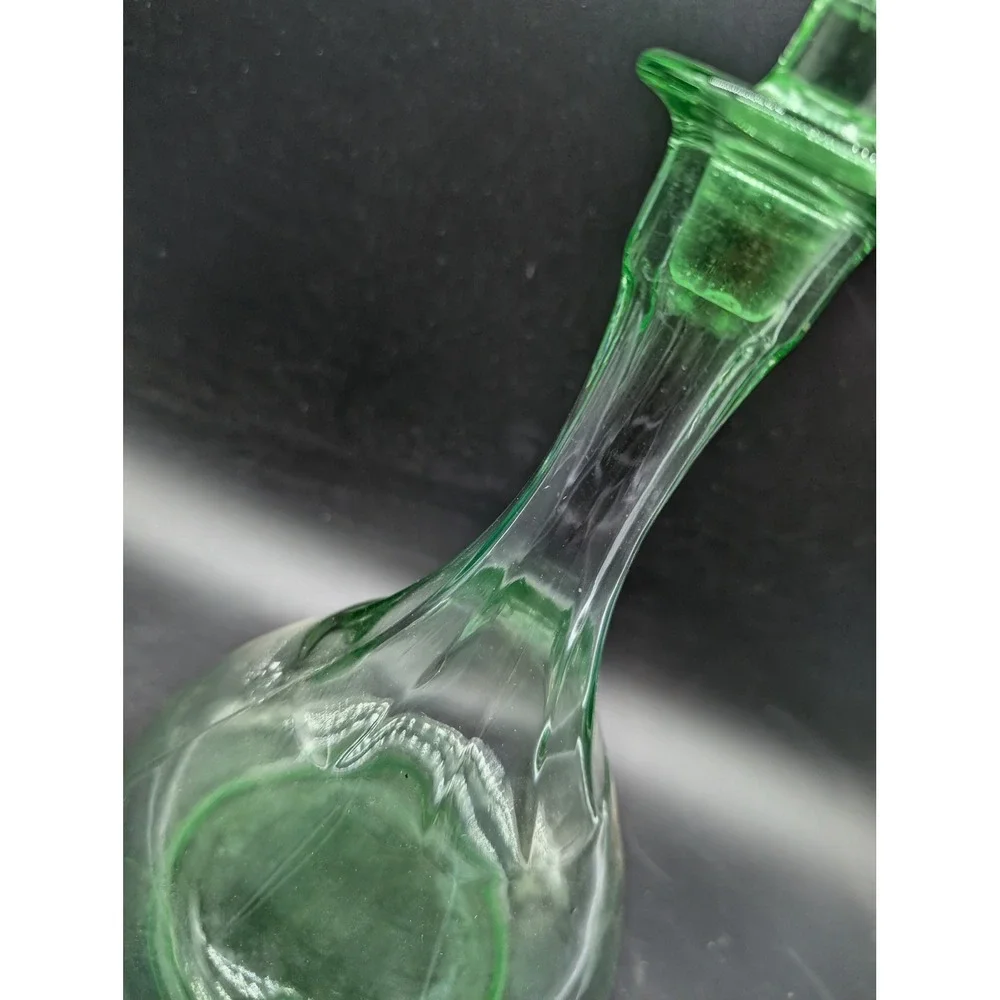 Vintage Green Glass Decanter Bell Shape Panel Optic Ribbed with Stopper MCM